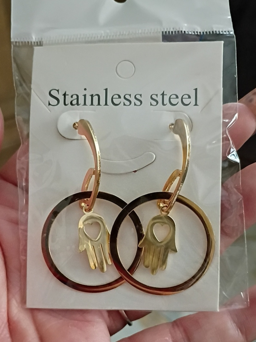 🆕 Gold Stainless Steel Hamsa Hand Hoop Earrings - Gold